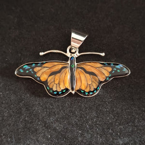 Monarch Butterfly Inlay Sterling Silver Pendant with Orange Spiny Oyster Shell, Lab Opal and Resin - 53x19mm, 9g