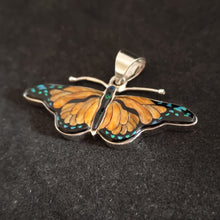 Monarch Butterfly Inlay Sterling Silver Pendant with Orange Spiny Oyster Shell, Lab Opal and Resin - 53x19mm, 9g