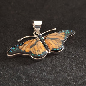 Monarch Butterfly Inlay Sterling Silver Pendant with Orange Spiny Oyster Shell, Lab Opal and Resin - 53x19mm, 9g