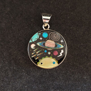 Galaxy-inspired Inlay Sterling Silver Pendant with Turquoise, Mother of Pearl, and Lab Opal - Celestial Jewelry for Cosmic Enthusiasts - 1 inch, 11g