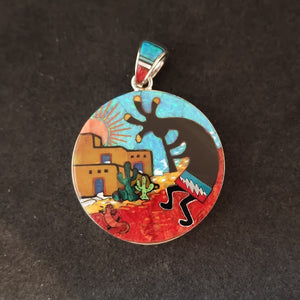 Handcrafted Kokopelli Sterling Silver Pendant with Inlaid Gemstones