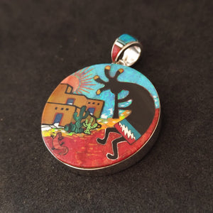 Handcrafted Kokopelli Sterling Silver Pendant with Inlaid Gemstones