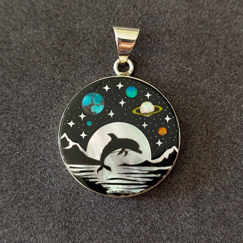 Cosmic Dolphin Pendant – Intricate Space Inlay Jewelry
