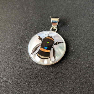 Bumble Bee Inlay Pendant in Sterling Silver - Mother of Pearl, Lab Opal, Black Horn and Coral - 1 Inch Diameter, 9g Weight