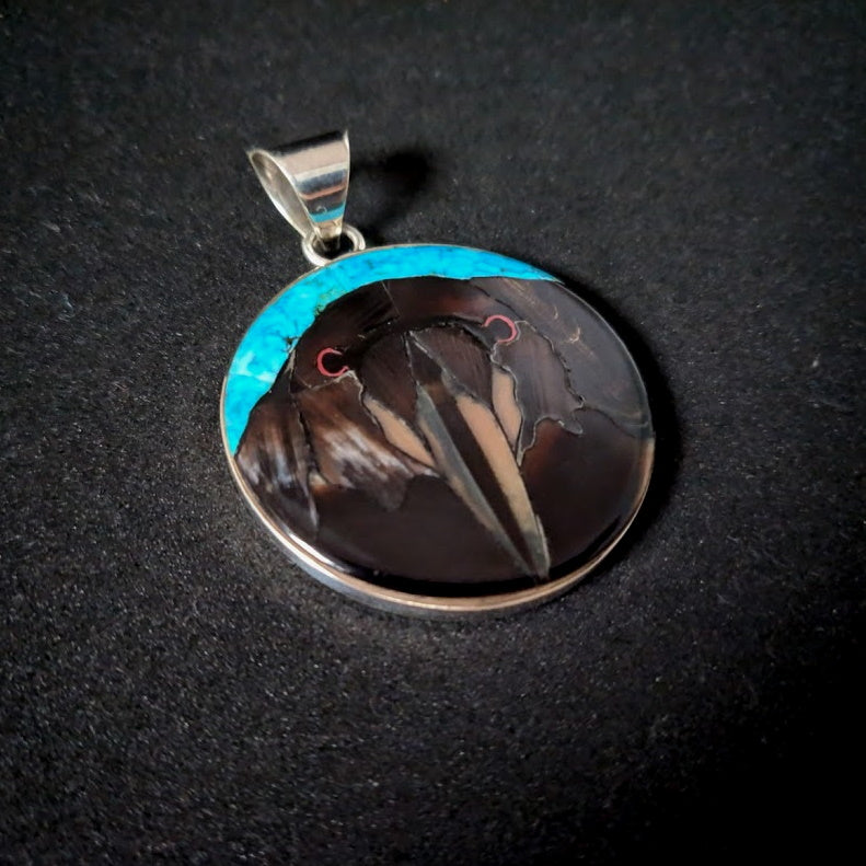 Crow Inlay Sterling Silver Pendant with Black Horn and Turquoise with Spiny Shell - 38.7mm, 12g