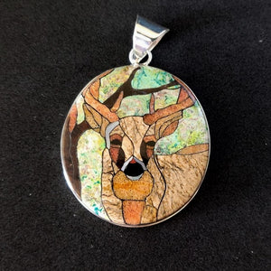 Mosaic Deer Inlay Sterling Silver Pendant with Turquoise, Jasper, Coral, Black Jet and Mother of Pearl Shell - 43.3mm x 39.1mm, 19g