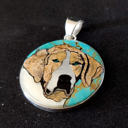 Dog Inlay Sterling Silver Pendant with Jasper, Lab Opal, Mother of Pearl, Black Horn and Turquoise - 32.3mm, 9g