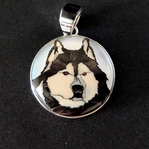 Husky Dog Inlay Sterling Silver Pendant with Black Horn, Antler, Lab Opal and Mother of Pearl Shell - 34.9mm, 18g