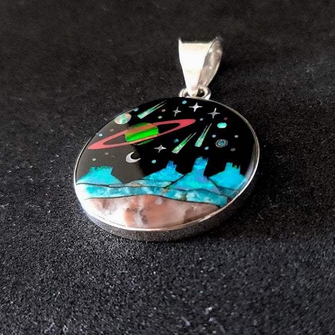 Galaxy Inlay Sterling Silver Pendant with Lab Opal, Turquoise & Mother of Pearl Shell - 10g