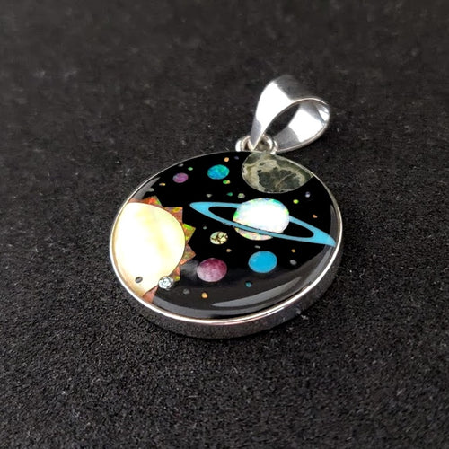 Exquisite Galaxy Inlay Sterling Silver Pendant with Lab Opal, Turquoise, Lazuli Lapis, Rhodochrosite, and Mother of Pearl Shell - 1 Inch Diameter