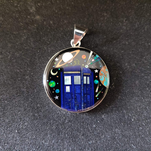 Travel Through Time and Space with Our TARDIS Inlay Sterling Silver Pendant - Featuring Lazuli Lapis, Turquoise, Mother of Pearl, and Lab Opal