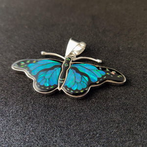 Sterling Silver Blue Monarch Butterfly Inlay Pendant with Lab Opal