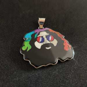 Grateful Dead Jerry Garcia Silhouette Inlay Pendant with Lab Opal, Antler, Resin, Coral and Lapis Lazuli