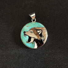 Wolf Inlay Sterling Silver Pendant - Turquoise, Coral, Mother of Pearl, Black Horn - 11g, 33.5mm (Excluding Bail)