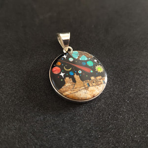 Stunning Galaxy Inlay Sterling Silver Pendant with Lab Opal, Turquoise, and Mother of Pearl Shell - 30mm Diameter