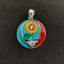 Handmade Grateful Dead Inlay Pendant with Sunflower Design and Turquoise, Coral, Mother of Pearl, and Lab Opal