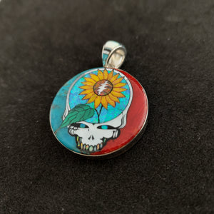 Handmade Grateful Dead Inlay Pendant with Sunflower Design and Turquoise, Coral, Mother of Pearl, and Lab Opal