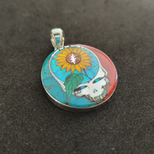 Handmade Grateful Dead Inlay Pendant with Sunflower Design and Turquoise, Coral, Mother of Pearl, and Lab Opal