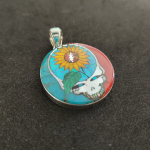 Handmade Grateful Dead Inlay Pendant with Sunflower Design and Turquoise, Coral, Mother of Pearl, and Lab Opal