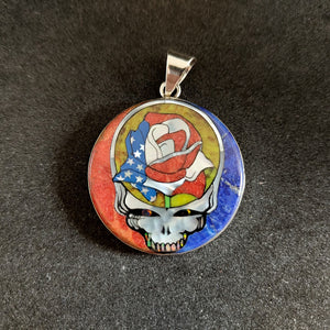 Grateful Dead-Inspired Sterling Silver Inlay Pendant with Lapis Lazuli, Coral, Mother of Pearl, and Lab Opal