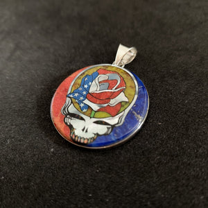 Grateful Dead-Inspired Sterling Silver Inlay Pendant with Lapis Lazuli, Coral, Mother of Pearl, and Lab Opal