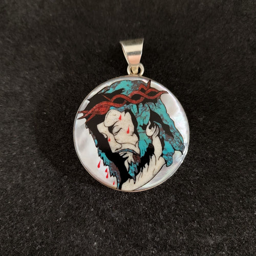 Stunning Christ Face Inlay with Thorns - Turquoise, Antler, Coral, and Mother of Pearl Shell in Sterling Silver Casing - 12g, 1 1/4 inch Diameter