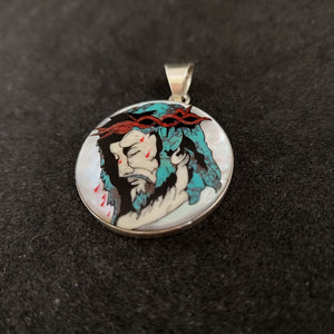 Stunning Christ Face Inlay with Thorns - Turquoise, Antler, Coral, and Mother of Pearl Shell in Sterling Silver Casing - 12g, 1 1/4 inch Diameter