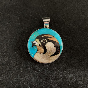 Turquoise, Coral, Black Horn, Lab Opal, and Mother of Pearl Falcon Inlay Pendant