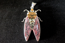 Pink Cicada Inlay Pendant in Sterling Silver with Hammer Shell, Antler, Paua, Mother of Pearl and Orange Spiny Shells - 51x28mm, 13g