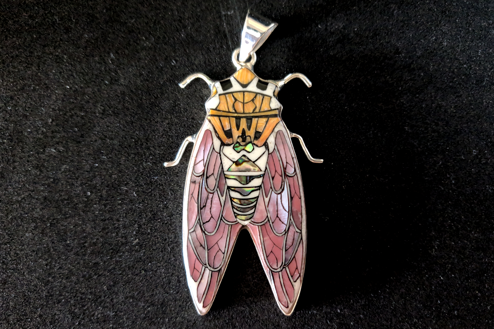 Pink Cicada Inlay Pendant in Sterling Silver with Hammer Shell, Antler, Paua, Mother of Pearl and Orange Spiny Shells - 51x28mm, 13g