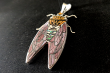 Pink Cicada Inlay Pendant in Sterling Silver with Hammer Shell, Antler, Paua, Mother of Pearl and Orange Spiny Shells - 51x28mm, 13g