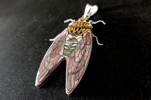 Pink Cicada Inlay Pendant in Sterling Silver with Hammer Shell, Antler, Paua, Mother of Pearl and Orange Spiny Shells - 51x28mm, 13g