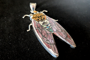 Pink Cicada Inlay Pendant in Sterling Silver with Hammer Shell, Antler, Paua, Mother of Pearl and Orange Spiny Shells - 51x28mm, 13g