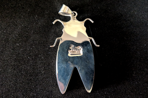 Pink Cicada Inlay Pendant in Sterling Silver with Hammer Shell, Antler, Paua, Mother of Pearl and Orange Spiny Shells - 51x28mm, 13g