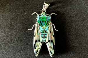 Sterling Silver Cicada Inlay Pendant with Lab Opal, Mother of Pearl, and Turquoise