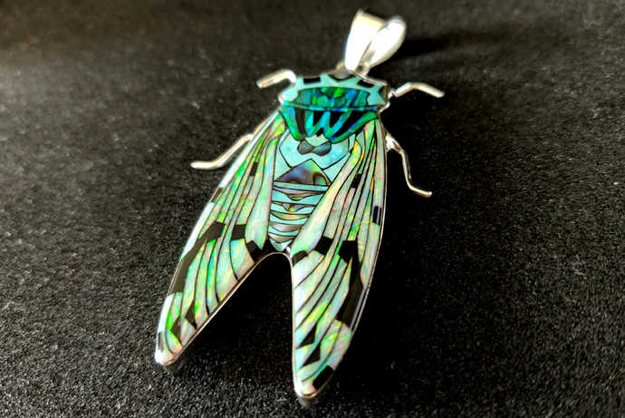 Sterling Silver Cicada Inlay Pendant with Lab Opal, Mother of Pearl, and Turquoise