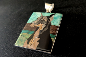 Handmade Sterling Silver Doberman Mosaic Inlay Pendant with Turquoise and Malachite