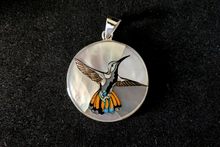 White Hummingbird Inlay Pendant - Sterling Silver Pendant with Mother of Pearl, Jet, Spiny Oyster Shell, and Paua Shell - 13g, 1.5" Diameter (Excluding Bail)