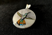White Hummingbird Inlay Pendant - Sterling Silver Pendant with Mother of Pearl, Jet, Spiny Oyster Shell, and Paua Shell - 13g, 1.5" Diameter (Excluding Bail)
