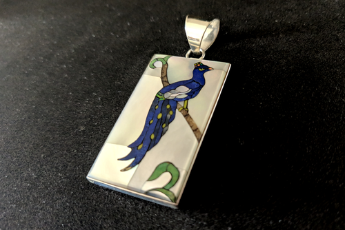 Peacock Mosaic Inlay Pendant in Sterling Silver with Lazuli Lapis, Jasper, Lab Opal, Turquoise and Mother of Pearl - 9g, 25x44mm (Excluding Bail)