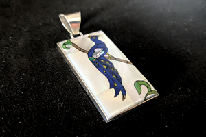 Peacock Mosaic Inlay Pendant in Sterling Silver with Lazuli Lapis, Jasper, Lab Opal, Turquoise and Mother of Pearl - 9g, 25x44mm (Excluding Bail)