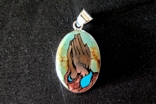 Handcrafted Sterling Silver Praying Hand Inlay Pendant | Turquoise, Mother of Pearl, Coral | Spiritual Jewelry