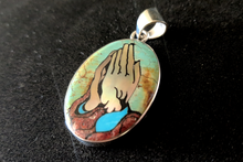 Handcrafted Sterling Silver Praying Hand Inlay Pendant | Turquoise, Mother of Pearl, Coral | Spiritual Jewelry