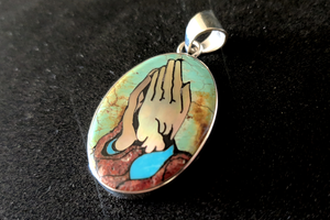 Handcrafted Sterling Silver Praying Hand Inlay Pendant | Turquoise, Mother of Pearl, Coral | Spiritual Jewelry