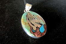 Handcrafted Sterling Silver Praying Hand Inlay Pendant | Turquoise, Mother of Pearl, Coral | Spiritual Jewelry