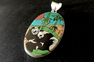 Panda Inlay Mosaic Pendant in Sterling Silver with Turquoise, Black Horn, Mother of Pearl Shell, Jasper, and Carnelian