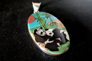 Panda Inlay Mosaic Pendant in Sterling Silver with Turquoise, Black Horn, Mother of Pearl Shell, Jasper, and Carnelian