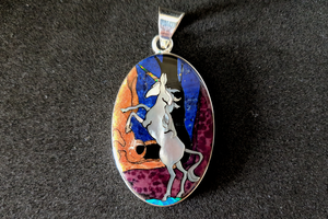 Unicorn Inlay Pendant - Sterling Silver Pendant with Coral, Magenta Turquoise, Lazuli Lapis, Lab Opal, and Mother of Pearl - 11g, 38x26mm (Excluding Bail)