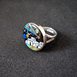 Space Pueblo Ring - Inlay Sterling Silver Ring with Turquoise, Antler, Lab Opal, and Mother of Pearl - 7g, 20mm Diameter, Size 7.5 US