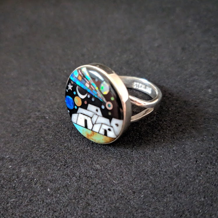 Space Pueblo Ring - Inlay Sterling Silver Ring with Turquoise, Antler, Lab Opal, and Mother of Pearl - 7g, 20mm Diameter, Size 7.5 US